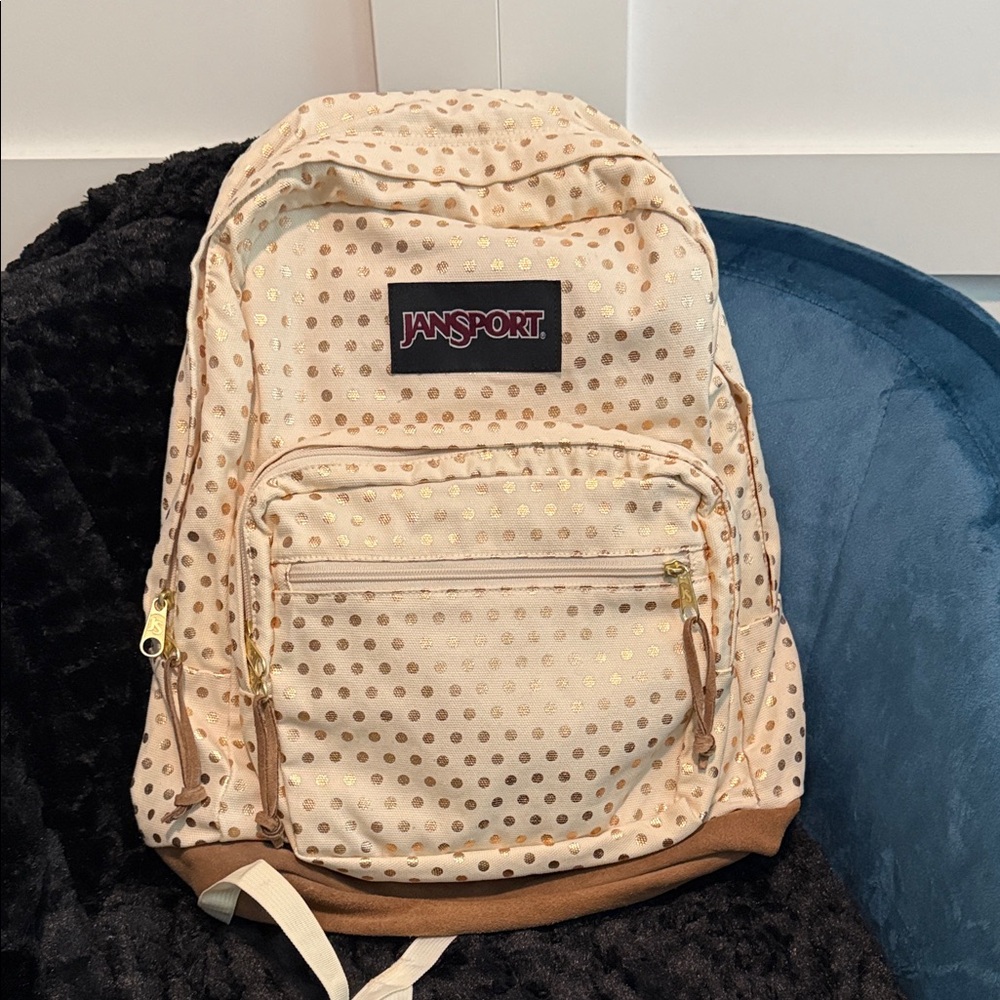 JanSport Cream Backpack with Gold Dot Accents